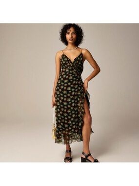 J. Crew Black Midi Slip Dress with Multicolor Starburst Print
